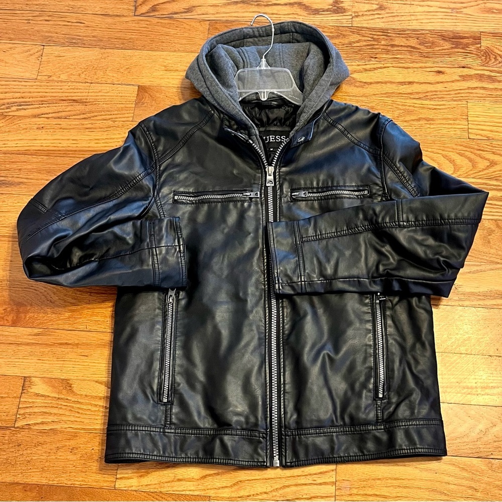 GUESS Mens Black Faux Leather Moto Jacket Detachable Hood Size Medium Biker Edgy - Picture 1 of 16
